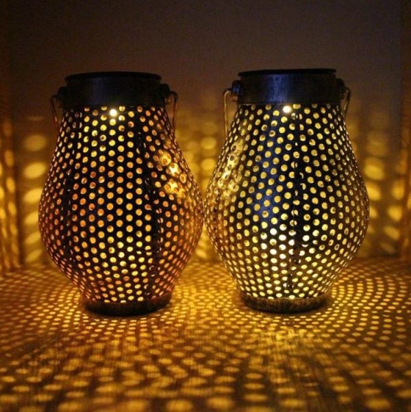 Outdoor Courtyard Wrought Iron LED Solar Portable Hollow Lantern (Silver) - Image 2