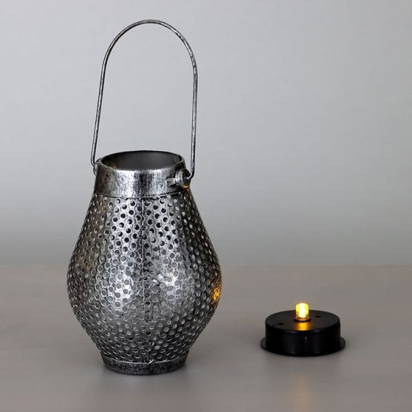 Outdoor Courtyard Wrought Iron LED Solar Portable Hollow Lantern (Silver) - Image 4