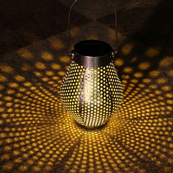 Outdoor Courtyard Wrought Iron LED Solar Portable Hollow Lantern (Silver) - Image 5
