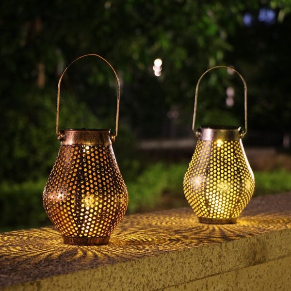 Outdoor Courtyard Wrought Iron LED Solar Portable Hollow Lantern (Silver) - Image 6