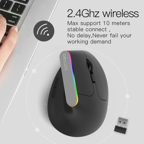 DELUX M618DB 6-Keys 1600 DPI RGB Vertical Wireless Bluetooth Dual-Mode Mouse (Lithium Bluetooth Version) - Image 6