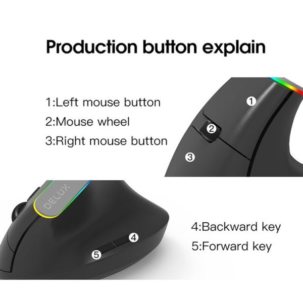 DELUX M618DB 6-Keys 1600 DPI RGB Vertical Wireless Bluetooth Dual-Mode Mouse (Lithium Bluetooth Version) - Image 8