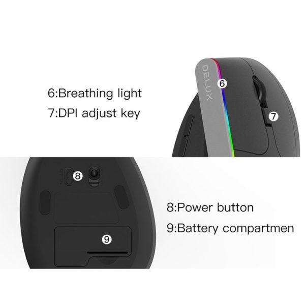 DELUX M618DB 6-Keys 1600 DPI RGB Vertical Wireless Bluetooth Dual-Mode Mouse (Lithium Bluetooth Version) - Image 9
