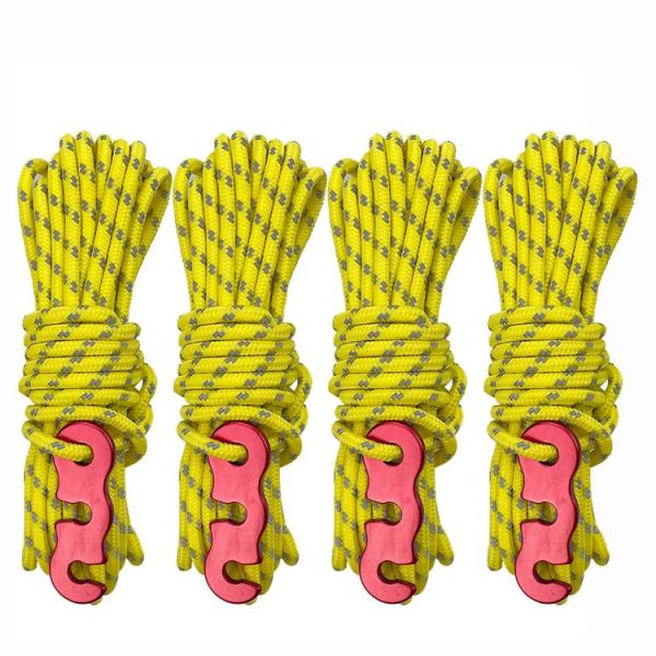 4m x 4 Rolls Outdoor Camping Tent Canopy Wind Rope Luminous Multi-Function Wind Rope Buckle Tent Fixed Rope (S Buckle-Yellow)