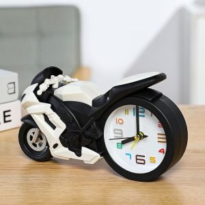 Motorcycle Alarm Clock Ornaments Creative Child Gift Clock (White Motorcycle Racing)