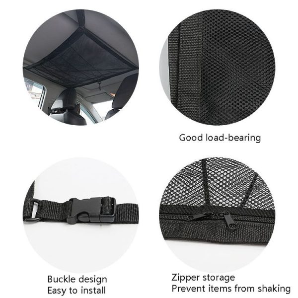 Car Ceiling Storage Net Bag Draw Rope Double-Layer Zipper Car Storage Net Pocket (80x55cm) - Image 6