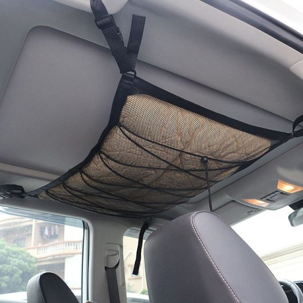 Car Ceiling Storage Net Bag Draw Rope Double-Layer Zipper Car Storage Net Pocket (80x55cm) - Image 7