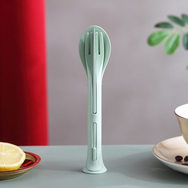 2 PCS 3 in 1 Wheat Straw Portable Knife, Fork, Spoon Cutlery Set (Green)