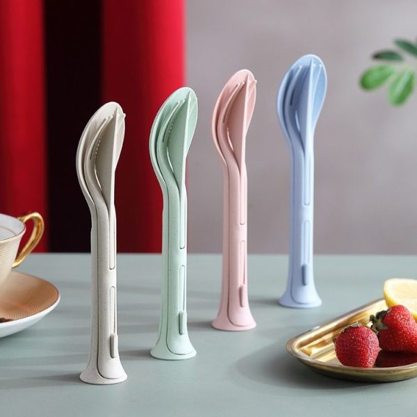 2 PCS 3 in 1 Wheat Straw Portable Knife, Fork, Spoon Cutlery Set (Green) - Image 2