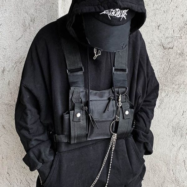 Hip-Hop Functional Chest Bag Vest Trendy Backpack (Black) - Image 5