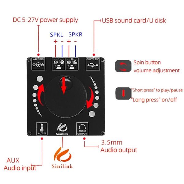 Sinilink AP50H HiFi 2.0 Stereo Bluetooth Digital TPA3116D2 Power Amplifier Board (PCB) - Image 3