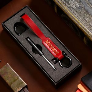 A001 Car Keychain Leather Long Key Rope (Oil Wax Red)