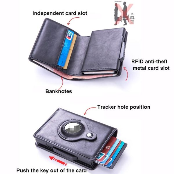 RFID Automatic Pop-Up Card Holder Multi-Function Locator Wallet For AirTag (Black) - Image 5