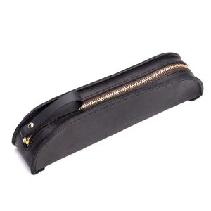 W-T18 Vintage Handmade Genuine Leather Zipper Pencil Case (Black)