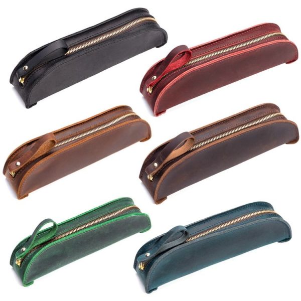 W-T18 Vintage Handmade Genuine Leather Zipper Pencil Case (Black) - Image 2