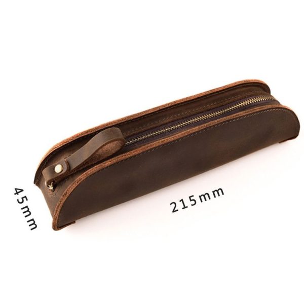 W-T18 Vintage Handmade Genuine Leather Zipper Pencil Case (Black) - Image 3