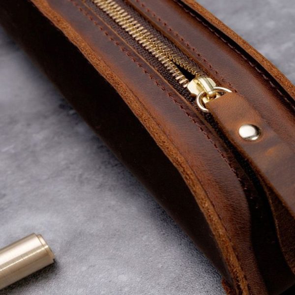 W-T18 Vintage Handmade Genuine Leather Zipper Pencil Case (Black) - Image 4