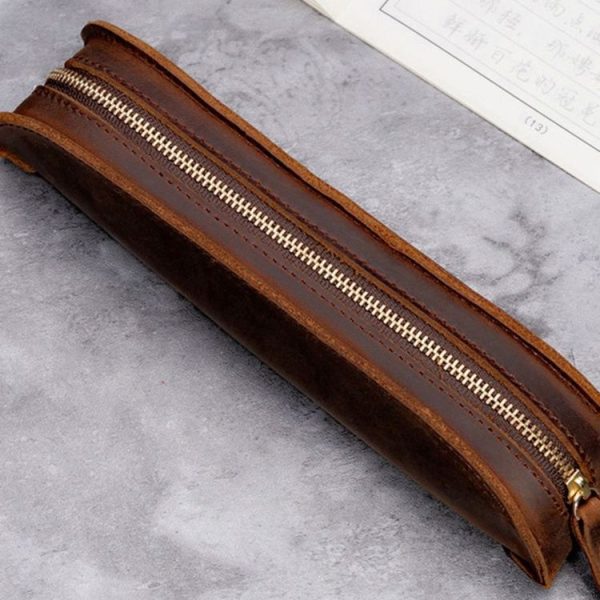 W-T18 Vintage Handmade Genuine Leather Zipper Pencil Case (Black) - Image 5