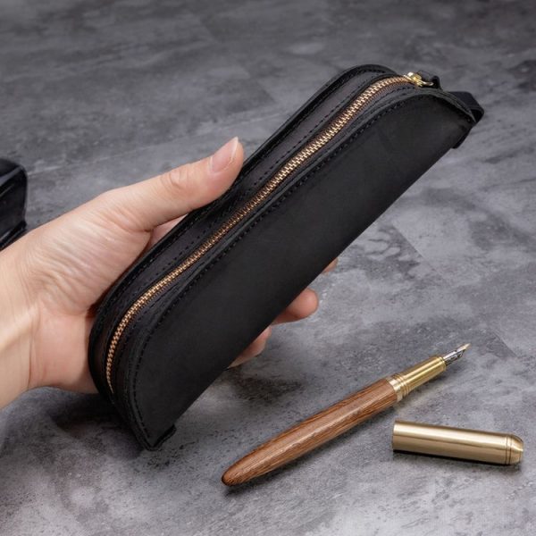 W-T18 Vintage Handmade Genuine Leather Zipper Pencil Case (Black) - Image 6
