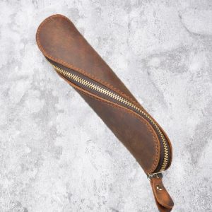 A-T09 S Zipper Crazy Horse Leather Vintage Leather Pen Bag (Brown Yellow)