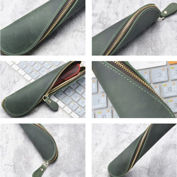 A-T09 S Zipper Crazy Horse Leather Vintage Leather Pen Bag (Brown Yellow) - Image 4