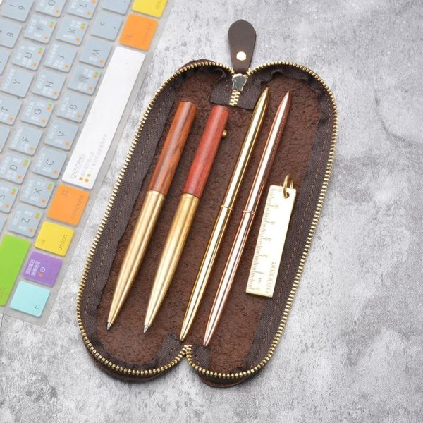 A-T09 S Zipper Crazy Horse Leather Vintage Leather Pen Bag (Brown Yellow) - Image 6