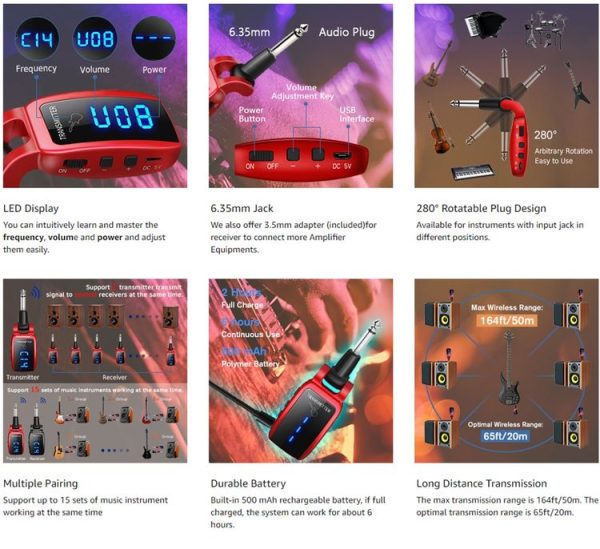 U12DX 6.35mm Jack Wireless Guitar Transmitter Receiver Rechargeable Adapter (Red) - Image 5