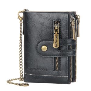 Baellerry Short Wallet Double Zipper Tri-Fold Wallet For Men (Black)