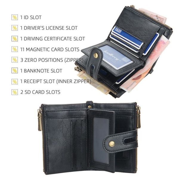 Baellerry Short Wallet Double Zipper Tri-Fold Wallet For Men (Black) - Image 6