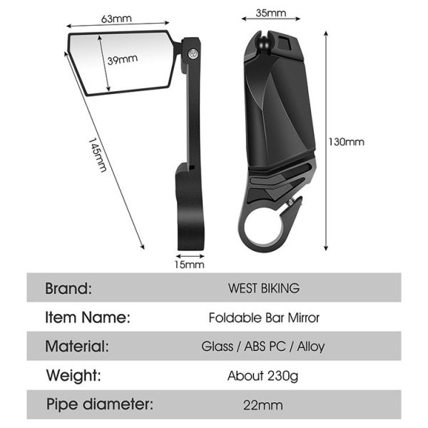 WEST BIKING Bicycle Handlebar Folding Mirror (Black) - Image 3
