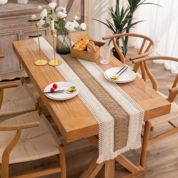 Cotton and Linen Woven Colorblock Tassel Striped Rhombus Table Runner, Size: 30x50cm (Middle Hemp)
