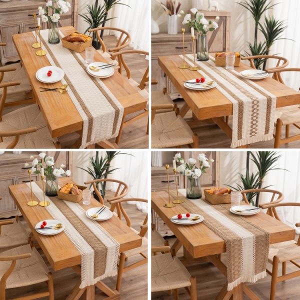 Cotton and Linen Woven Colorblock Tassel Striped Rhombus Table Runner, Size: 30x50cm (Middle Hemp) - Image 2