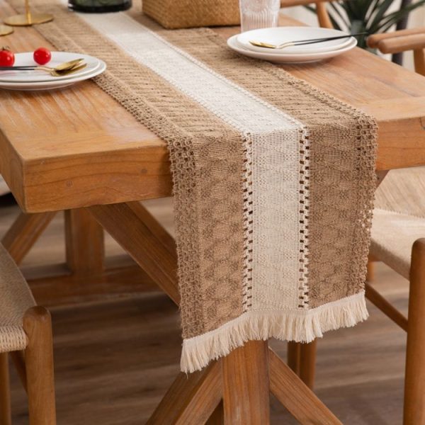 Cotton and Linen Woven Colorblock Tassel Striped Rhombus Table Runner, Size: 30x50cm (Middle Hemp) - Image 6