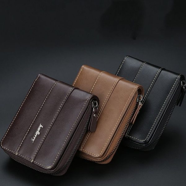 Baellerry Men Short Wallet Buckle Multi-card Coin Purse Tri-fold Zip Wallet (Black) - Image 2