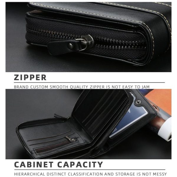Baellerry Men Short Wallet Buckle Multi-card Coin Purse Tri-fold Zip Wallet (Black) - Image 6