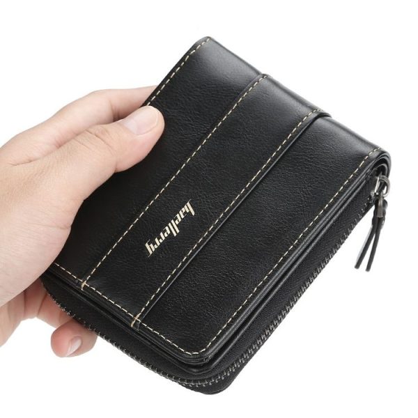 Baellerry Men Short Wallet Buckle Multi-card Coin Purse Tri-fold Zip Wallet (Black) - Image 7