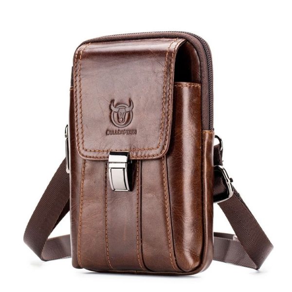 BULL CAPTAIN Multifunctional Leather Mobile Phone Small Waist Bag For Men (Vertical Brown)