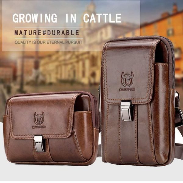 BULL CAPTAIN Multifunctional Leather Mobile Phone Small Waist Bag For Men (Vertical Brown) - Image 2