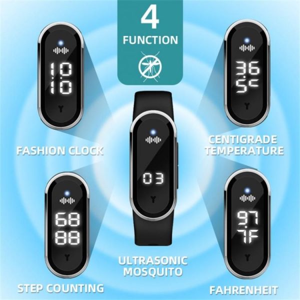 M21 Ultrasonic Mosquito Repellent Bracelet with Step Counter & Clock & Temperature Function (Black) - Image 3