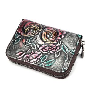 Zip Multi-card Hand-painted Organ Leather Card Holder (Silver)