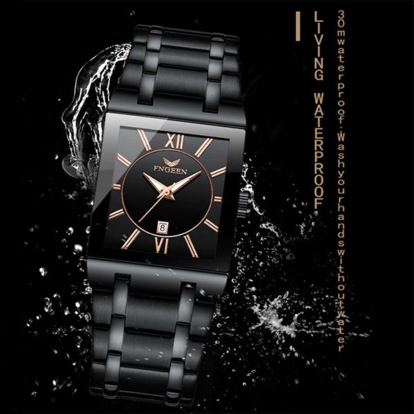 FNGEEN 3627 Waterproof Calendar Men Square Watch (Black Belt Rose Shell Black Surface) - Image 4