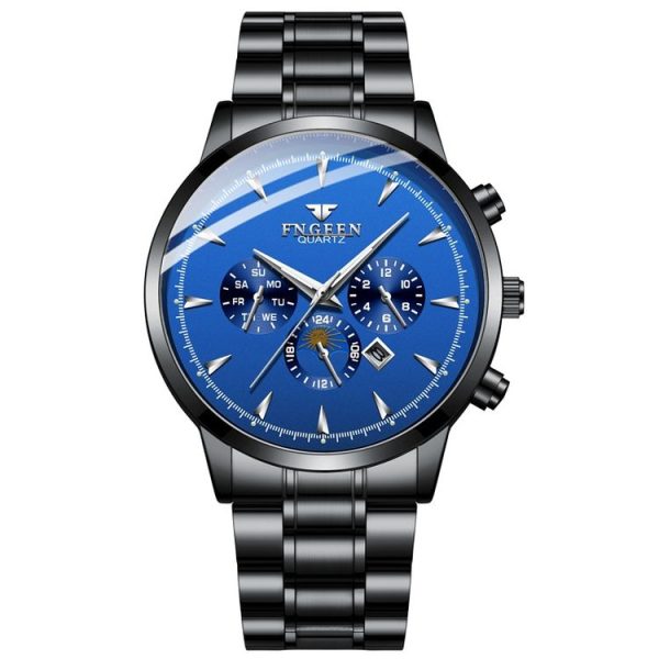 FNGEEN 5781 Multifunction Sports Waterproof Quartz Watch (Black Steel Blue Surface)