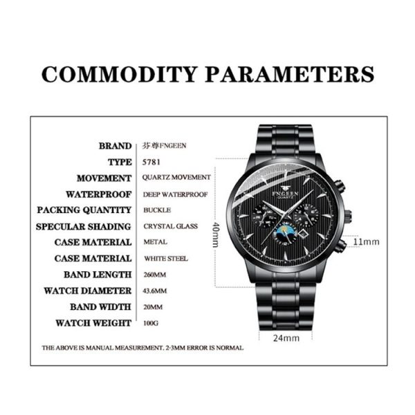 FNGEEN 5781 Multifunction Sports Waterproof Quartz Watch (Black Steel Blue Surface) - Image 3