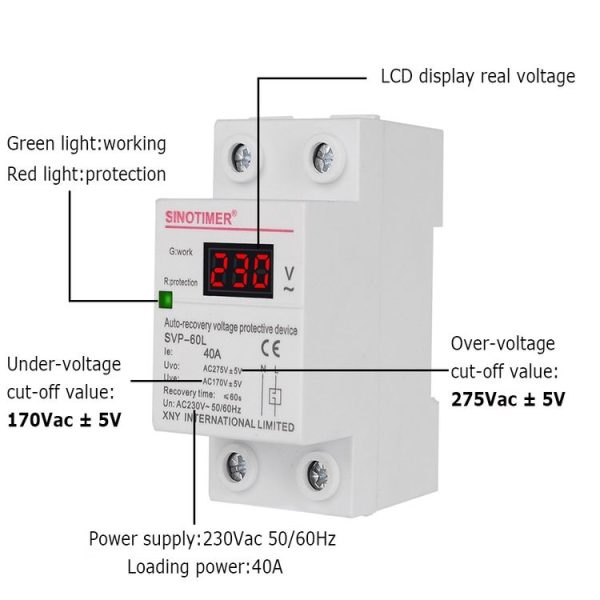 SINOTIMER 220V LED Digital Display Delay Automatic Reset Under-voltage Protector (SVP-60L) - Image 3