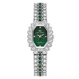BS Bee Sister FA1581 Niche Glitter Full Diamond Women Watch (Silver Green)