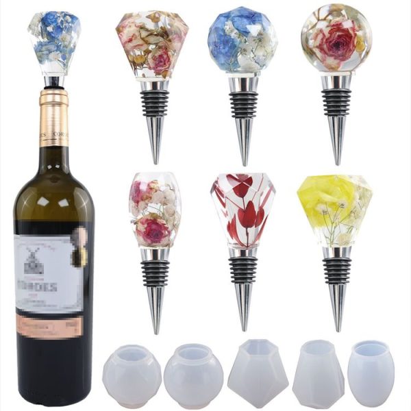 DIY Crystal Epoxy Resin Red Wine Stopper Silicone Mold, Style: 5 Molds+5 Red Wine Plug