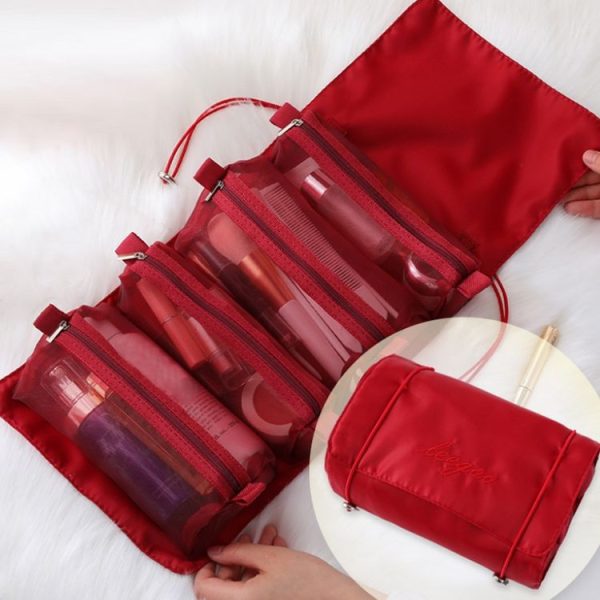 4 In 1 Women Travel Portable Waterproof Mesh Cosmetic Bag (Red)