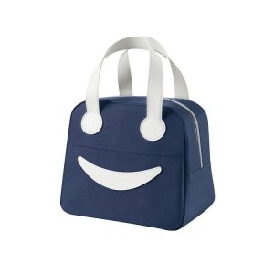 Smiley Lunch Bag with Leather Handles, Size: S (Navy Blue)