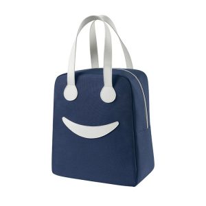 Smiley Lunch Bag with Leather Handles, Size: L (Navy Blue)