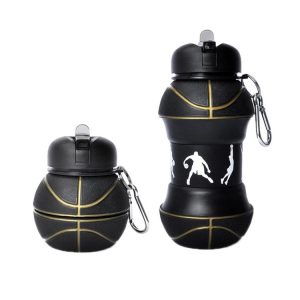 Outdoor Sports Anti-fall Water Bottle Portable Leak-proof Silicone Folding Cup, Shape: Basketball Black (550ml)